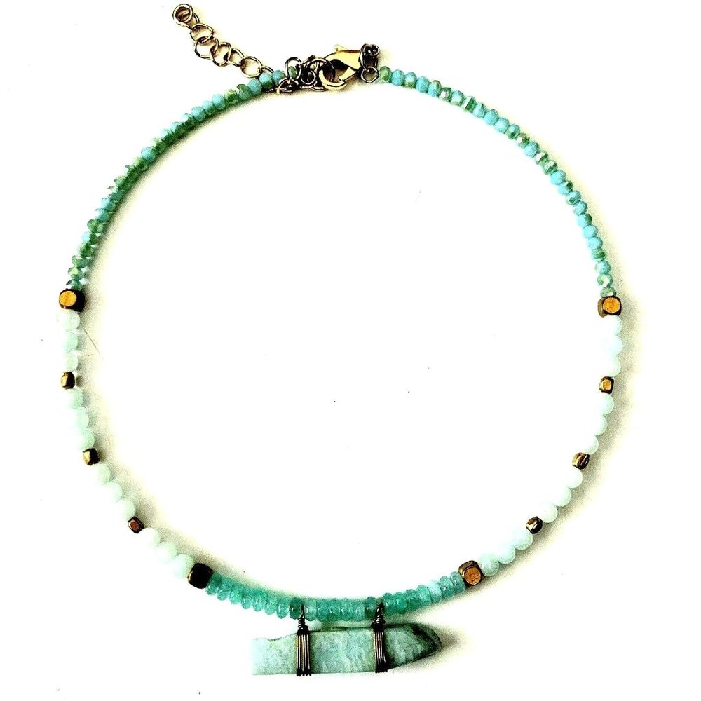 Aquamarine Stone Pendant Necklace with AB Seed Beads